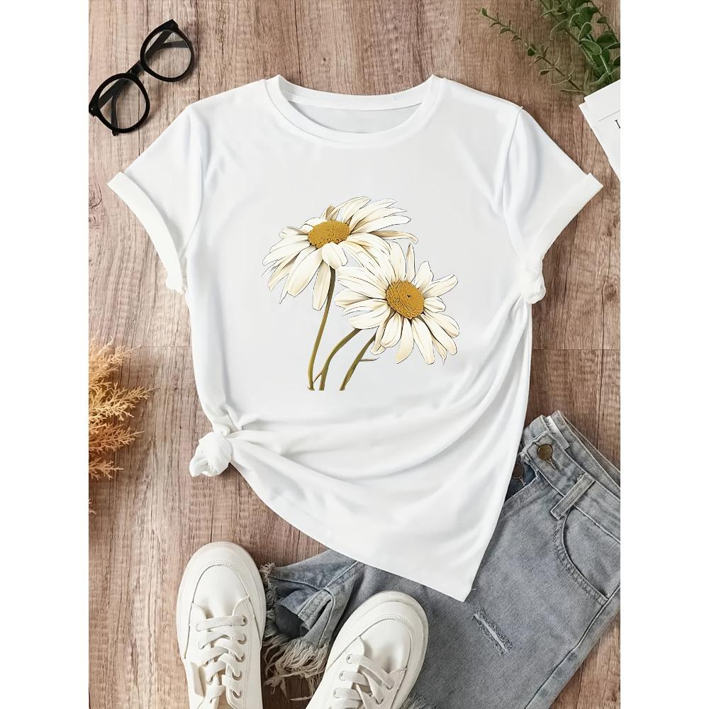 Daisy Floral Women's Tee - Boho Botanical Graphic, Casual Summer Top
