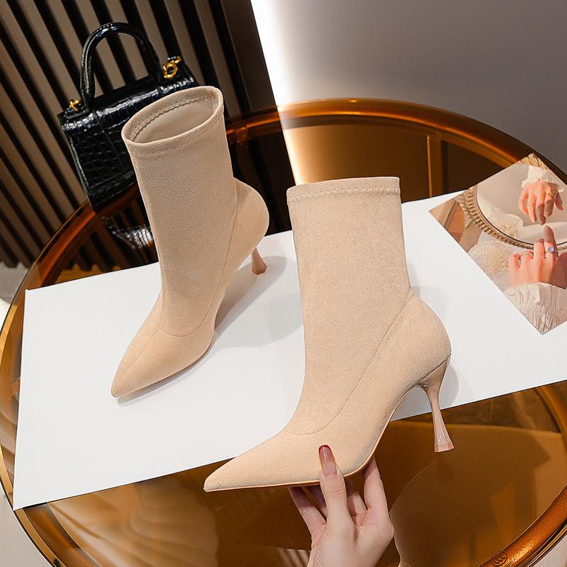 Pointed elastic boots women's 2025 new autumn and winter short boots suede fine heel design temperament socks boots high heel