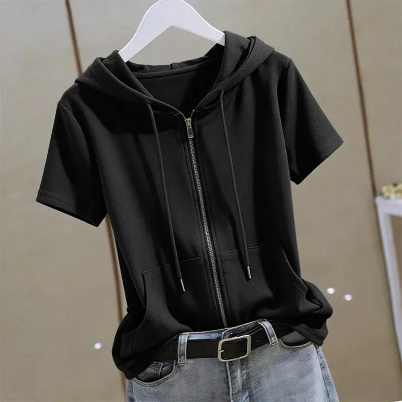 Felpa con cappuccio e zip a maniche corte da donna, magliette casual con coulisse e tasca, felpa leggera estiva, abbigliamento