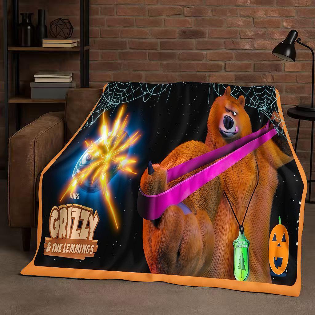 Kawaii Grizzy and The Lemmings Cartoon Flannel Blanket,Ultra Soft Warm Plush Throw for Home Bedroom Bed Sofa Cover Kids Gift