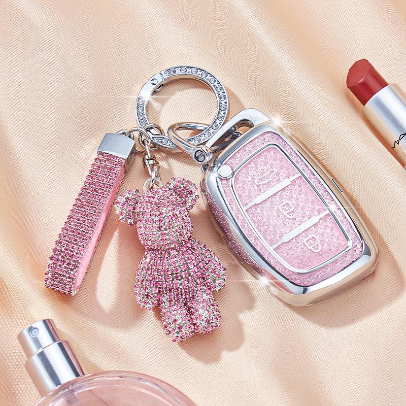 Crystal Pink Tpu For Hyundai Solaris Ix35 Ix45 Elantra Santa Fe Hb20 Verna 3 Button Remote Car Key Case Cover Fob Bag Keychain