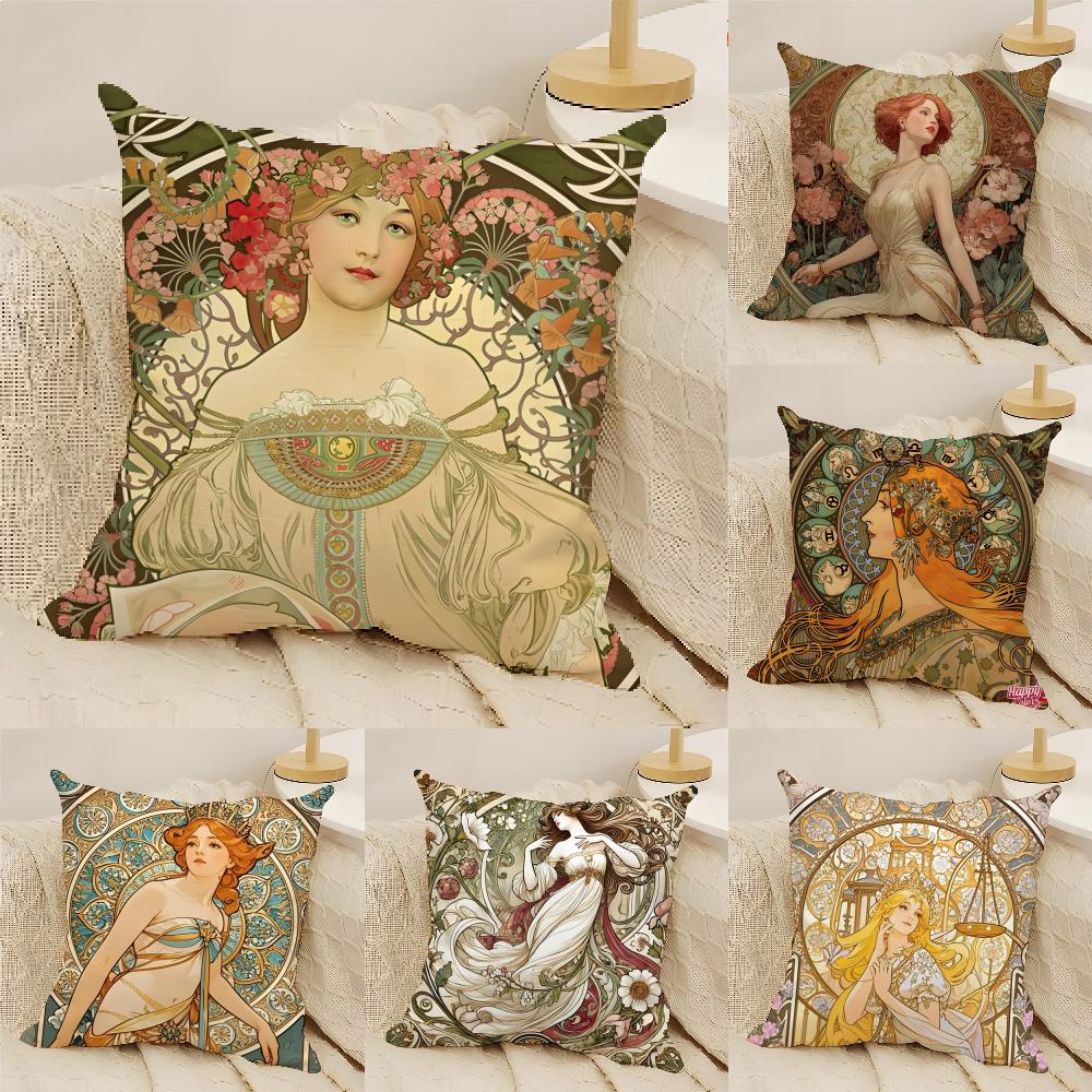 Art AAlphonse MMucha Master Pillow Case Natural Linen DoubleSided Printing Sofa Home Decor Cushion Cover