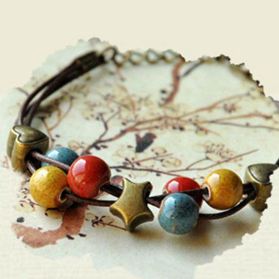 Ethnic Leaf Cat Charm Ceramics Beaded Bracelet Women Handwoven Jewelry Gift