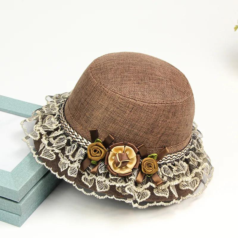 

WTEMPO Breathable Wide Brim Foldable Large Hats Party Linen Top Hats Retro Elegant Summer Beach Lace Patchwork Sunscreen Hats 1pc коричневый