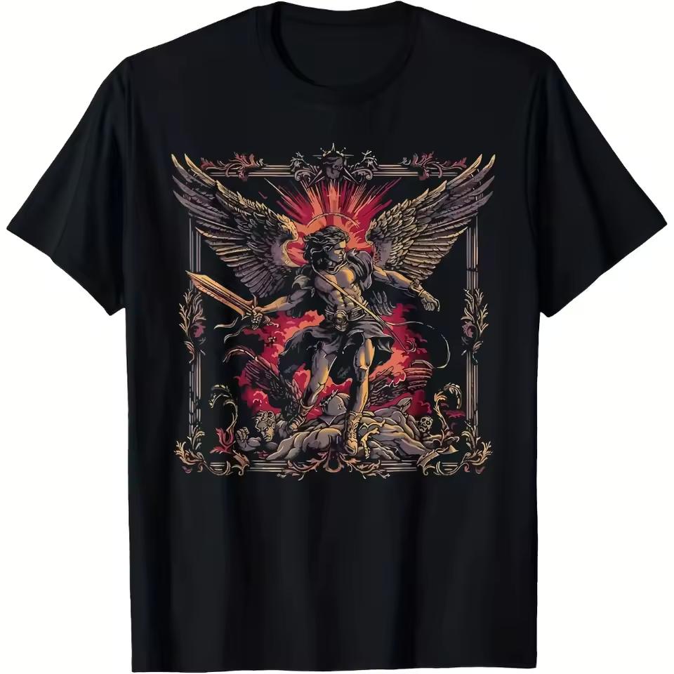 Men's Archangel Michael Catholic Graphic T-and kids tshirt 180gsm Cotton Religious Tee Sword Flames Design Christian Apparel for Men