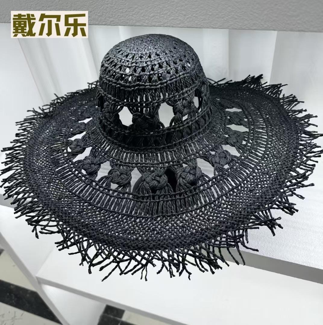 

Handmade Crochet Straw Hat Spring And Summer Papyrus Rough Edge Dome Big Eaves Outdoor Travel Sun Protection Beach Straw Hat M（56-58cm） чорний