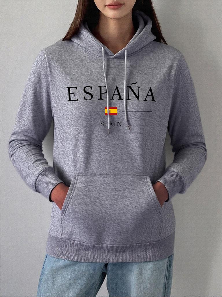 España Spain Flag Printing Hoodies Women Winter Fleece Warm Sweatshirt Basics Pocket Pullover Comfortable Loose Womans Clothes