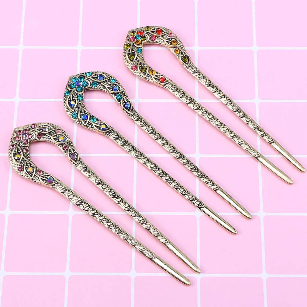 FRCOLOR U-shaped Kanzashi (hair Ornament), Set of 2, Vintage Style, Rhinestones, for Japanese Traditional Wear, Coming-of-age Ceremony, Wedding,