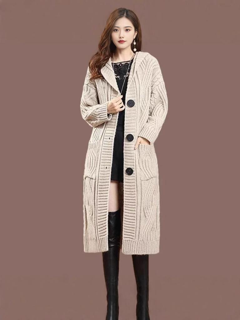 Women's Long Hooded Knit Cardigan - Thick, Over-Knee, Loose Fit Sweater Coat, Solid Color Shawl Design