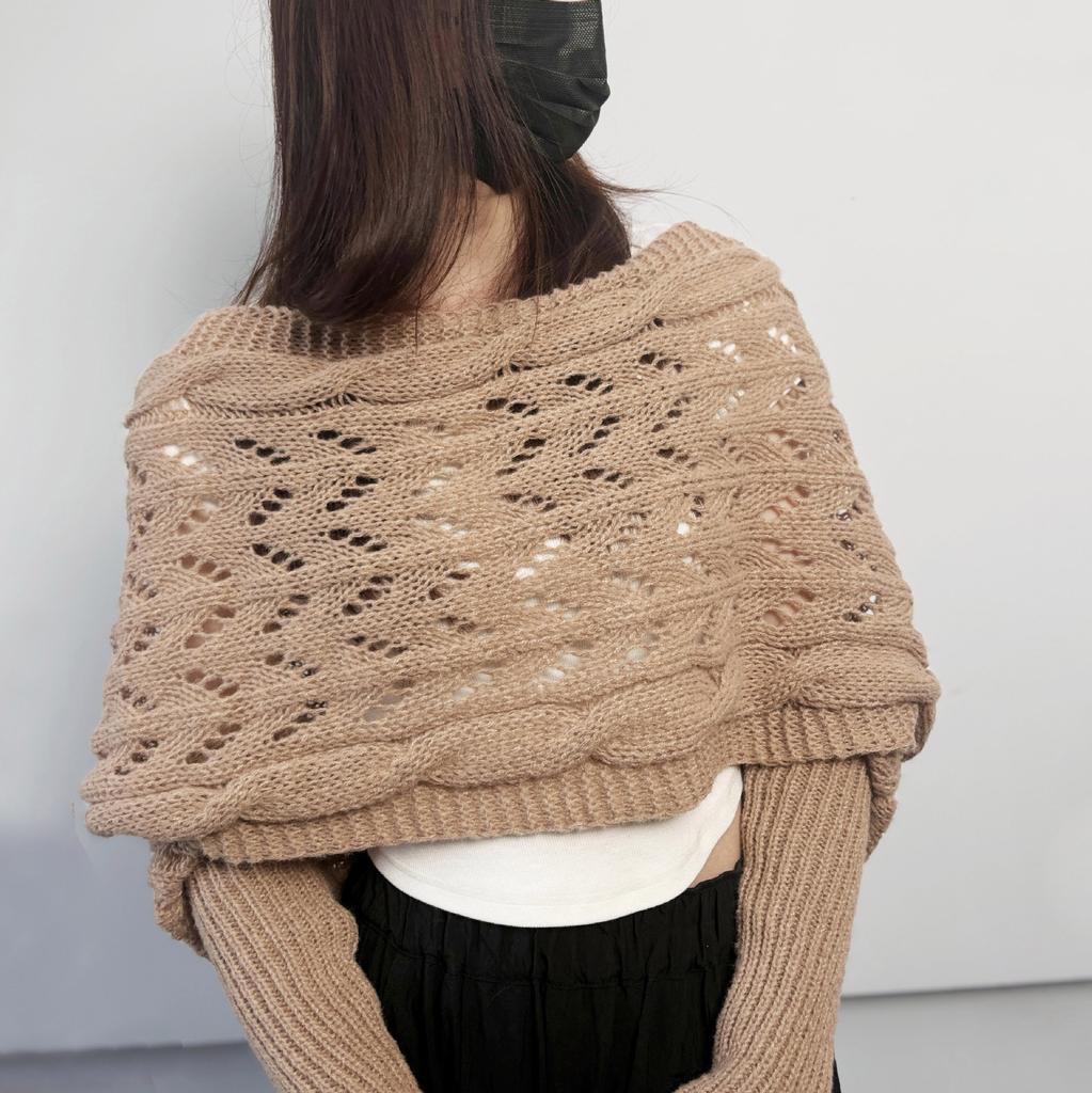 Autumn Winter Women'S Knitted Shawl Scarf With Long Sleeve Outdoor Warm Soft Windproof Hollow Out Crop Top Shrugs Shawl Scarf