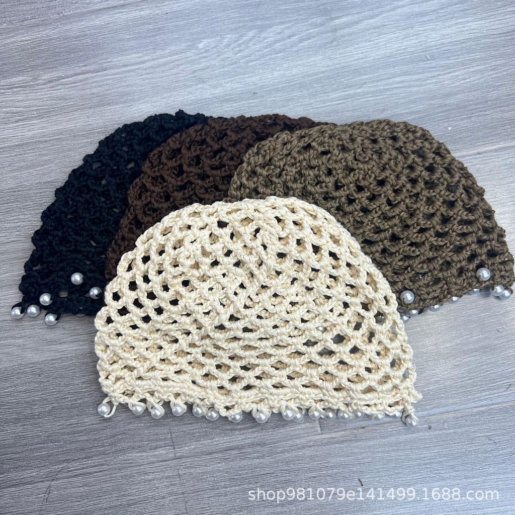 European and American New Hand-crocheted Hollow Pearl Fringed Bag Head Hat Women's Summer Breathable Knitted Wool Hat Retro Cold Hat