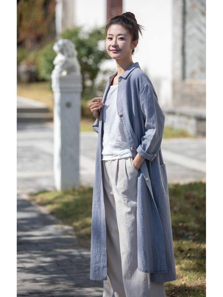 2026 Spring Women's Artistic Sand-Washed Cotton Linen Lapel Long Coat - Loose, Slimming Outerwear Cardigan