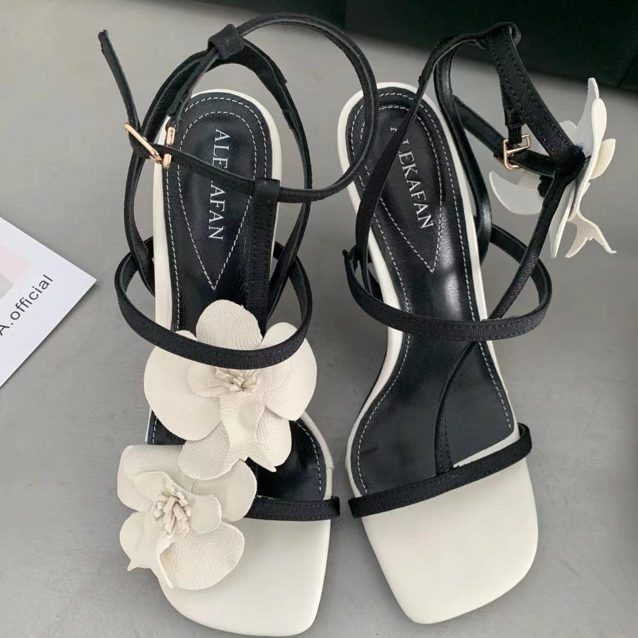 

Fashion Flower Design Sandals Women s High Heeled Sandals Summer Square Head Open Toe Sandals for Women Ankle Strap Slingback Sandalias 39 белый