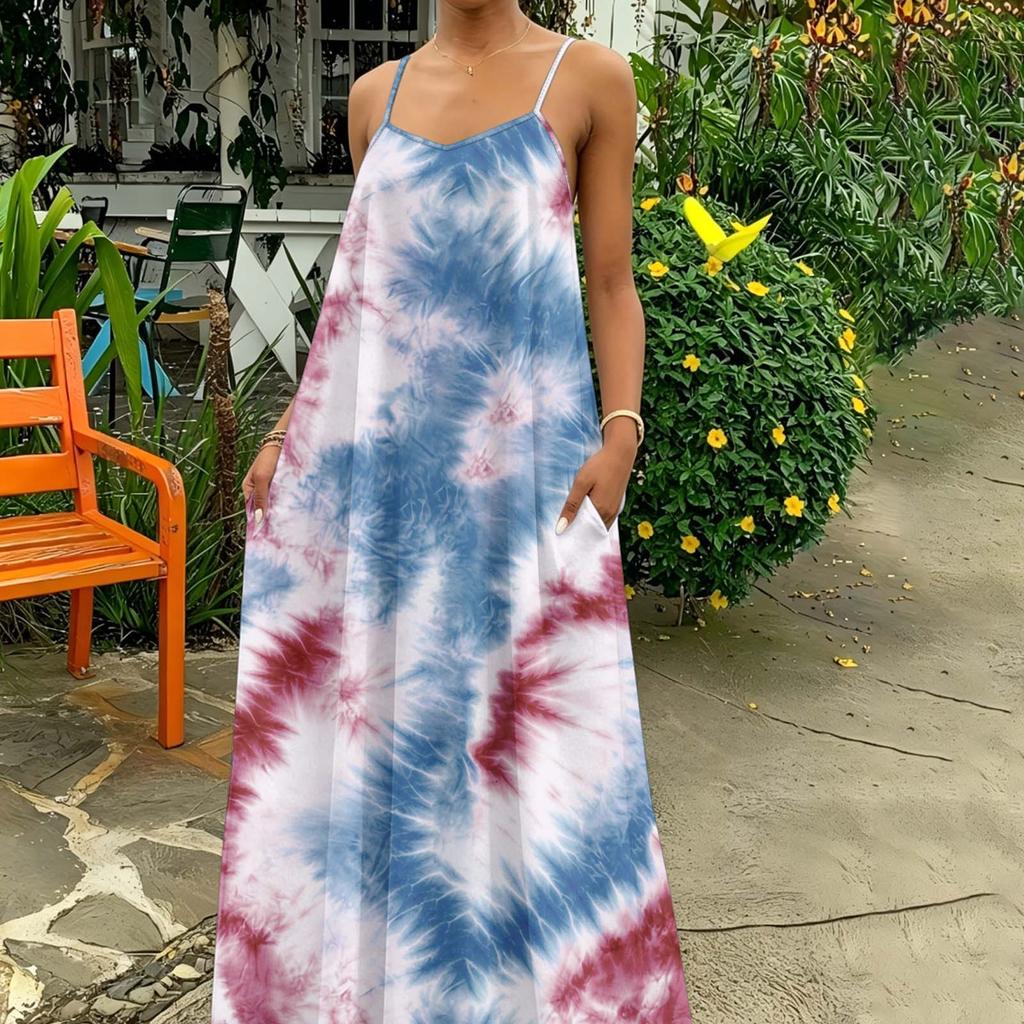Damen Tie-Dye Maxikleid Ärmellos Spaghettiträger Lässig Lockerer Schnitt Lang Sommer-Sonnenkleid Mit Taschen Für Frühling Und Sommer