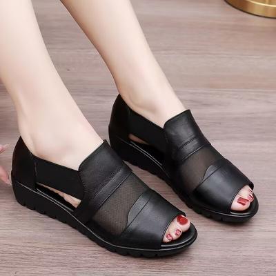 Mom Sandals Women Wear Soft Leather Soft Sole Wedge Heel Fish Mouth In the Elderly Women's Shoes Summer 2025 New Sandals Batch