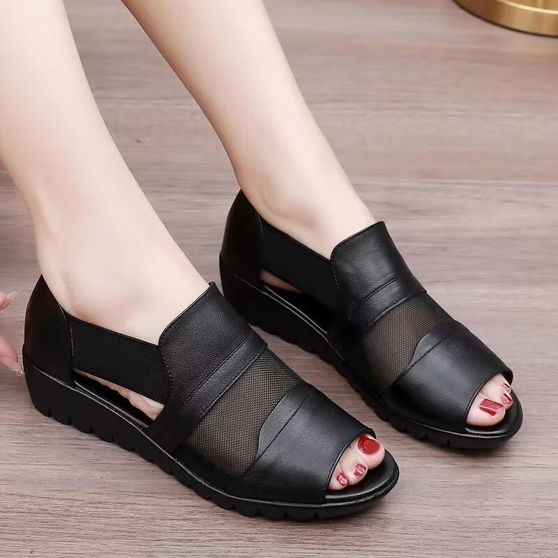 Mom Sandals Women Wear Soft Leather Soft Sole Wedge Heel Fish Mouth In the Elderly Women's Shoes Summer 2025 New Sandals Batch