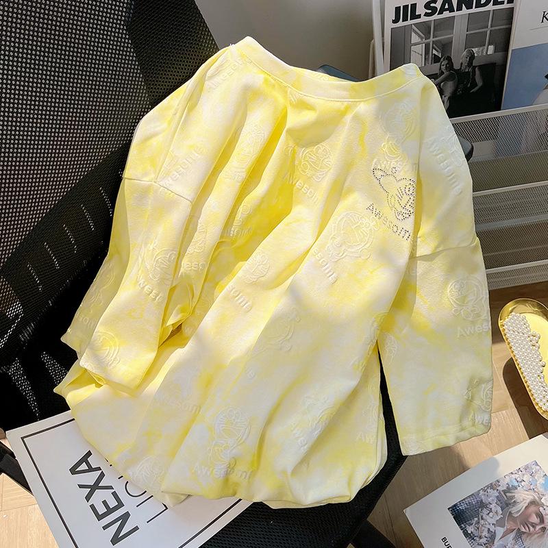 Korean Style Women's Tie-Dye Loose Fit Pure Cotton Short-Sleeve Top with Diamond Accent, Mid-Length Round Neck, Large Size.