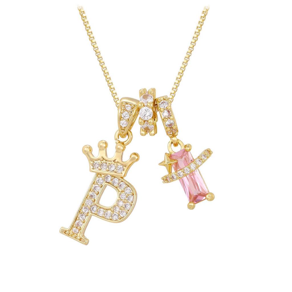 Copper Zirconia Letter Necklace with Gold-Plated Crown Pendant – Fashionable 26-Letter Accessory