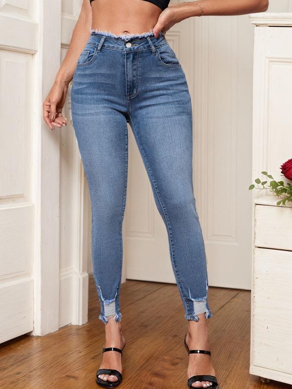 Pantalon crayon slim en denim stretch déchiré taille mi-haute pour femmes
