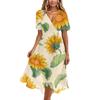 Women’s Short Sleeve V Neck Midi Dress with Sunflower Floral Print Casual Loose Fit Lightweight Summer Dress