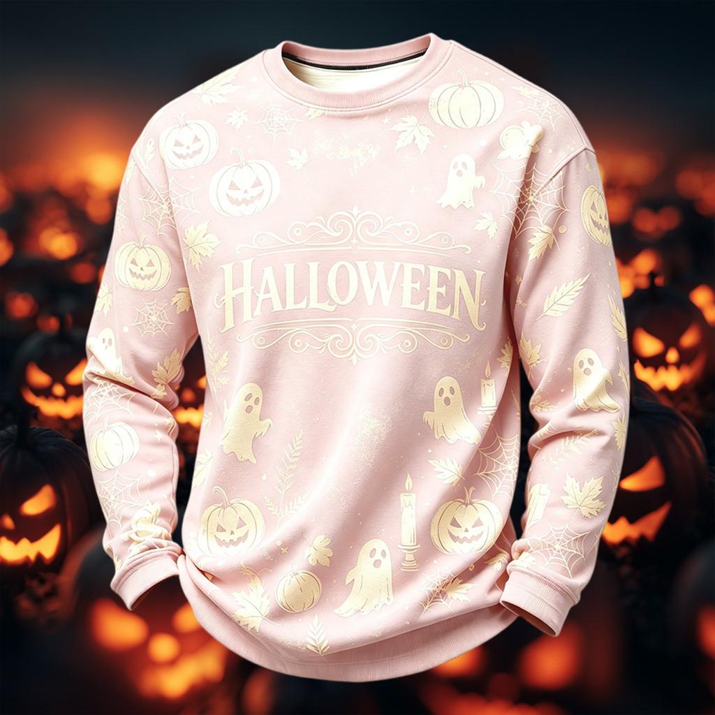 Men's Casual Round Neck Long Sleeve Top with Halloween Print