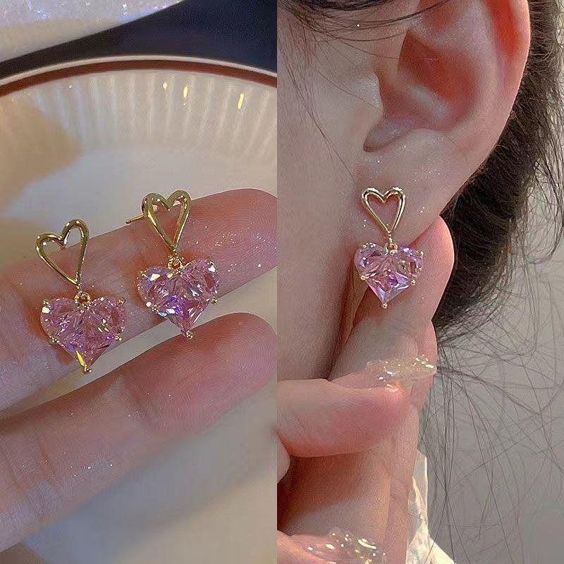

Light Luxury Peach Heart Zircon Versatile Earrings High Grade Elegance and Simplicity Water Drops Pink Love Pendant Earrings