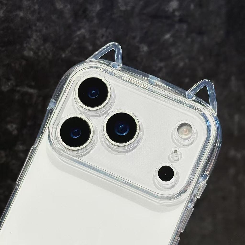 Cat's Ears Transparent Shockproof Phone Case for Iphone 17 Air 16 Pro Max 15 Plus 14 Pro 13 12 11 Xr X Xs Max 7 8 Se 2022 2020 Minimalist Soft Cover
