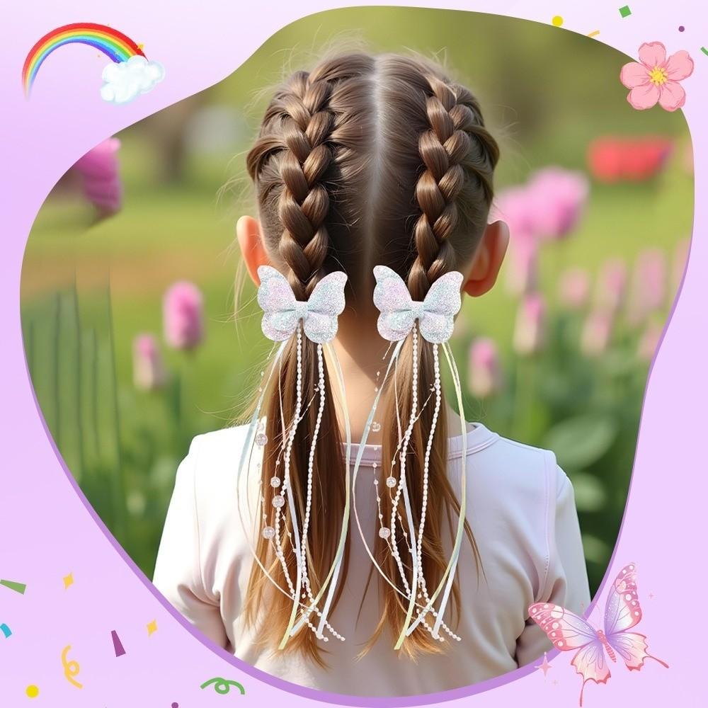 2Pcs Glitter Butterfly Hair Clips Long Tassel Kids Barrette Performance Accessories
