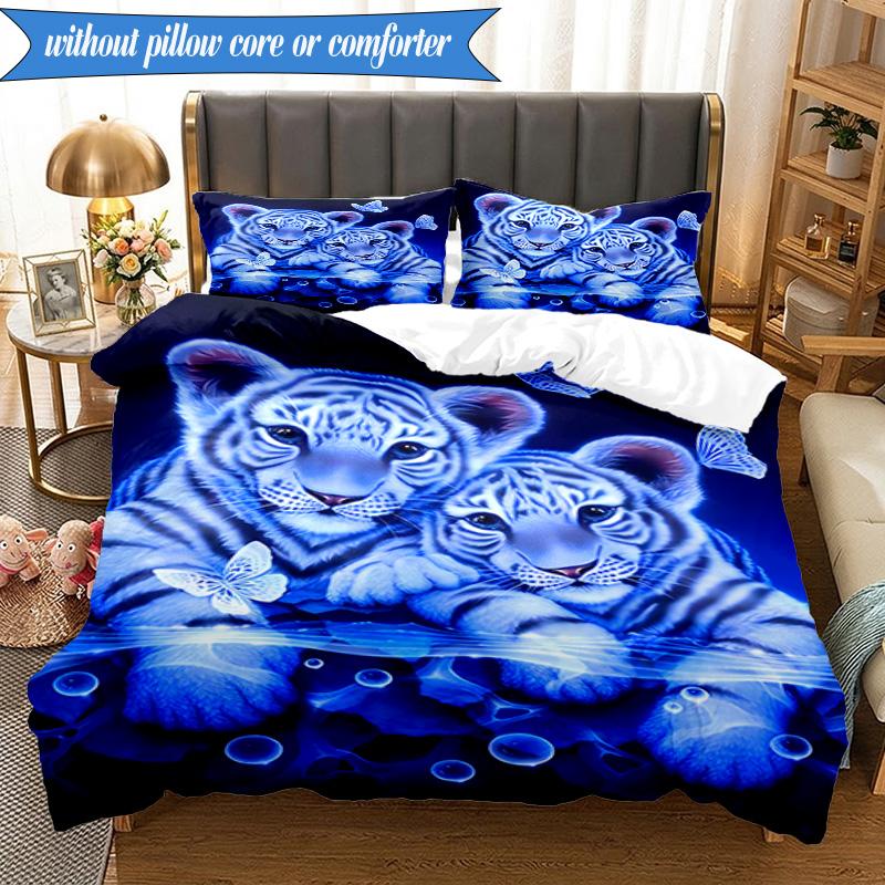 3PCS White Tiger Family Bedding Set,Including 1pc Duvet Cover And 2pcs Pillowcases Perfect for Bedroom, Dormitory, Fan Christmas gift
