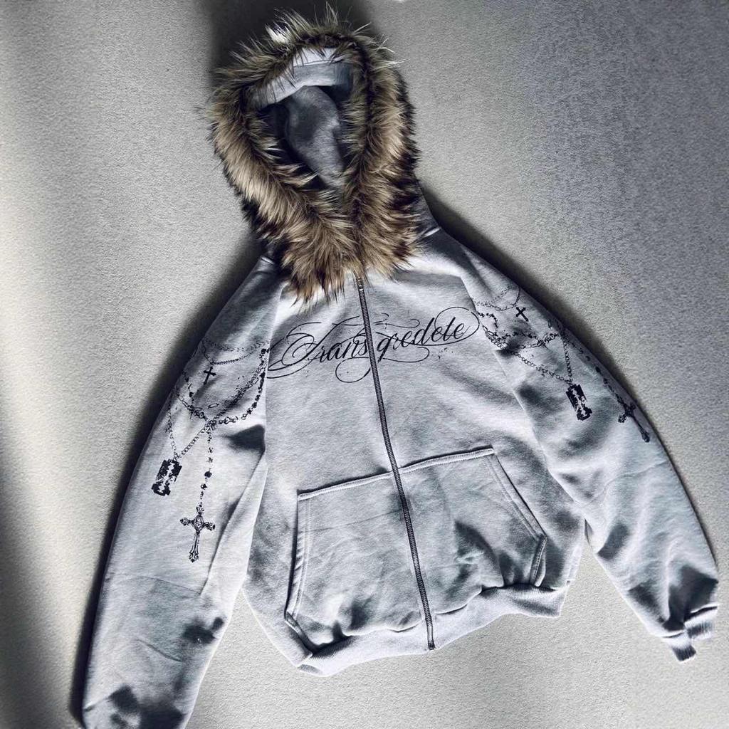 ZYLLO American Retro Rock Gothic Graphic Fur Collar Loose Zipper Sweatshirt Y2K New Harajuku Punk Casual Joker Hoodie Streetwear