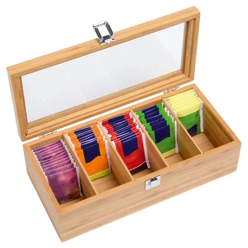 Acrylic Bamboo Multi-Compartment Tea and Coffee Storage Box & Desktop Shelf