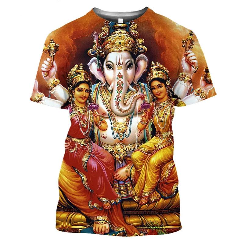 Summer Round Neck 3D Hindu Deities Graphic Print Top Fashionable Casual Short Sleeved Men's and Women's Unisex T-shirts