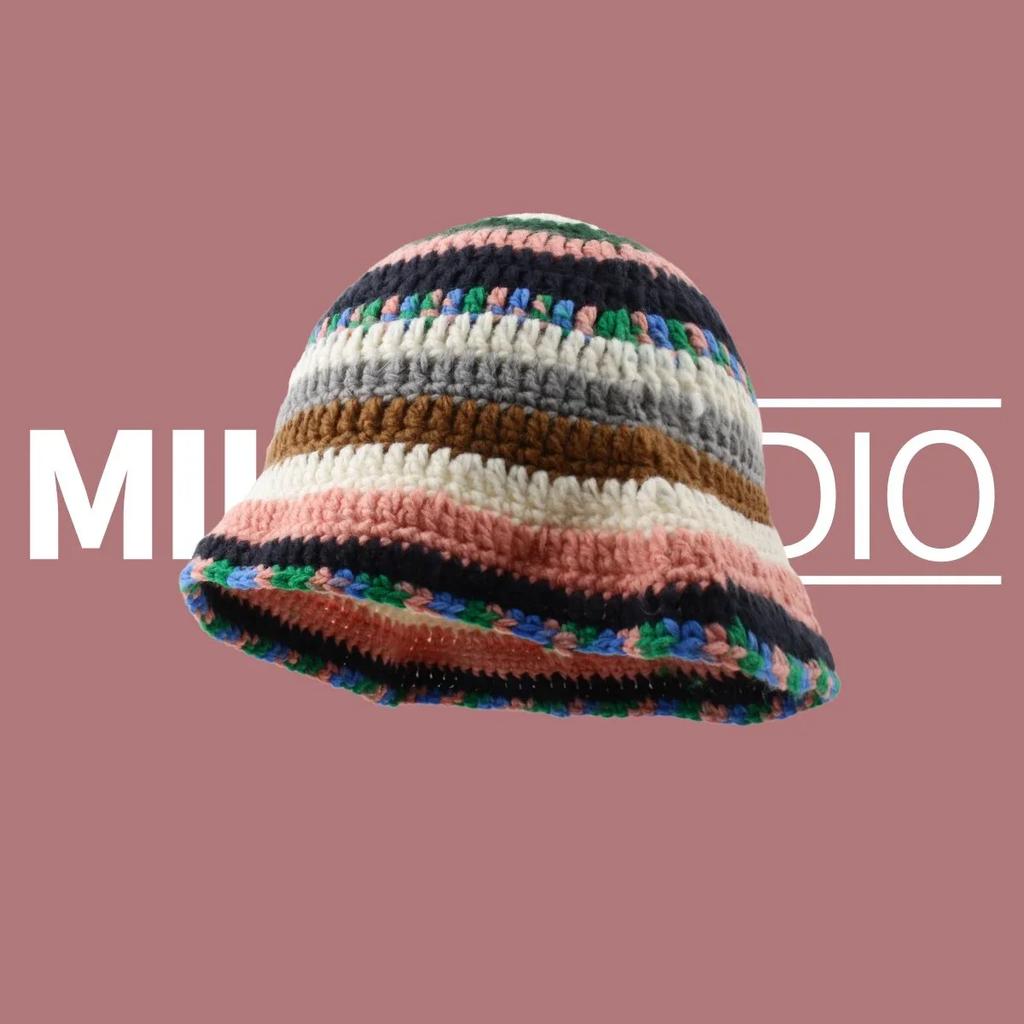 Cute Dopamine Wind Japanese Handmade Crochet Knitted Bucket Hat Rainbow Rhombus Plaid Wool Bucket Winter Basin Hat Bucket Hat