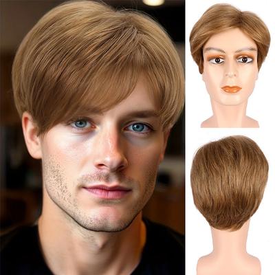 Synthetic Dark Brown Hair Natural Wig for Men Breathable Heat Resistant Cosplay Halloween Short Male Wig with Bangs