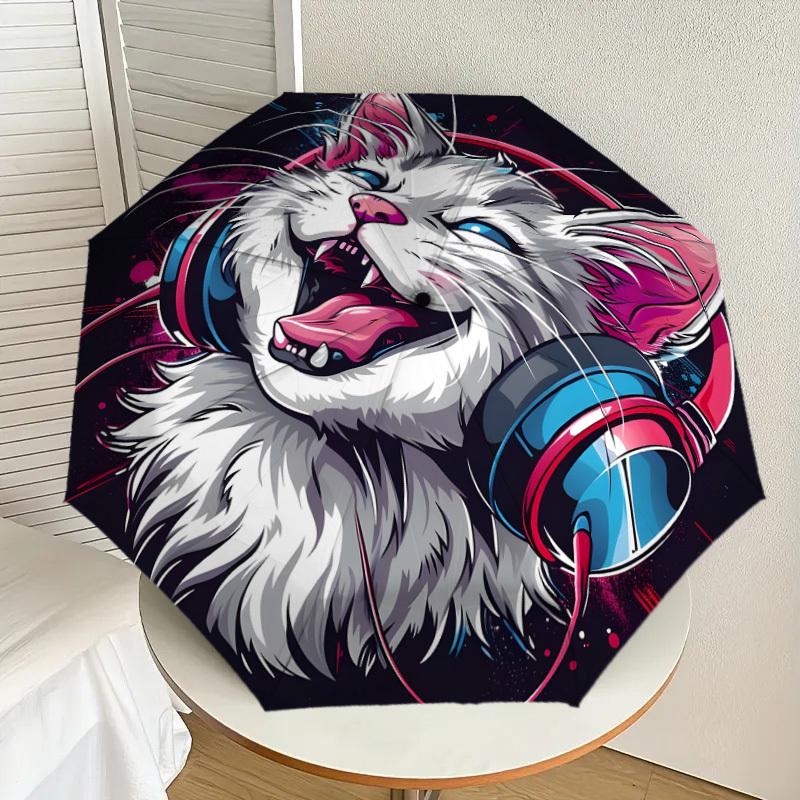 1pc Music Loving Cat Headphones Umbrella with Plastic Handle,Suitable for All Seasons Home Travel Outdoor UmbrellaDD1155