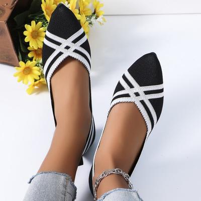 Flache Schuhe mit spitzer Spitze für Damen, einfarbig, gestrickt, zum Reinschlüpfen, lässig, atmungsaktiv, Ballerinas, flache Schuhe für Damen