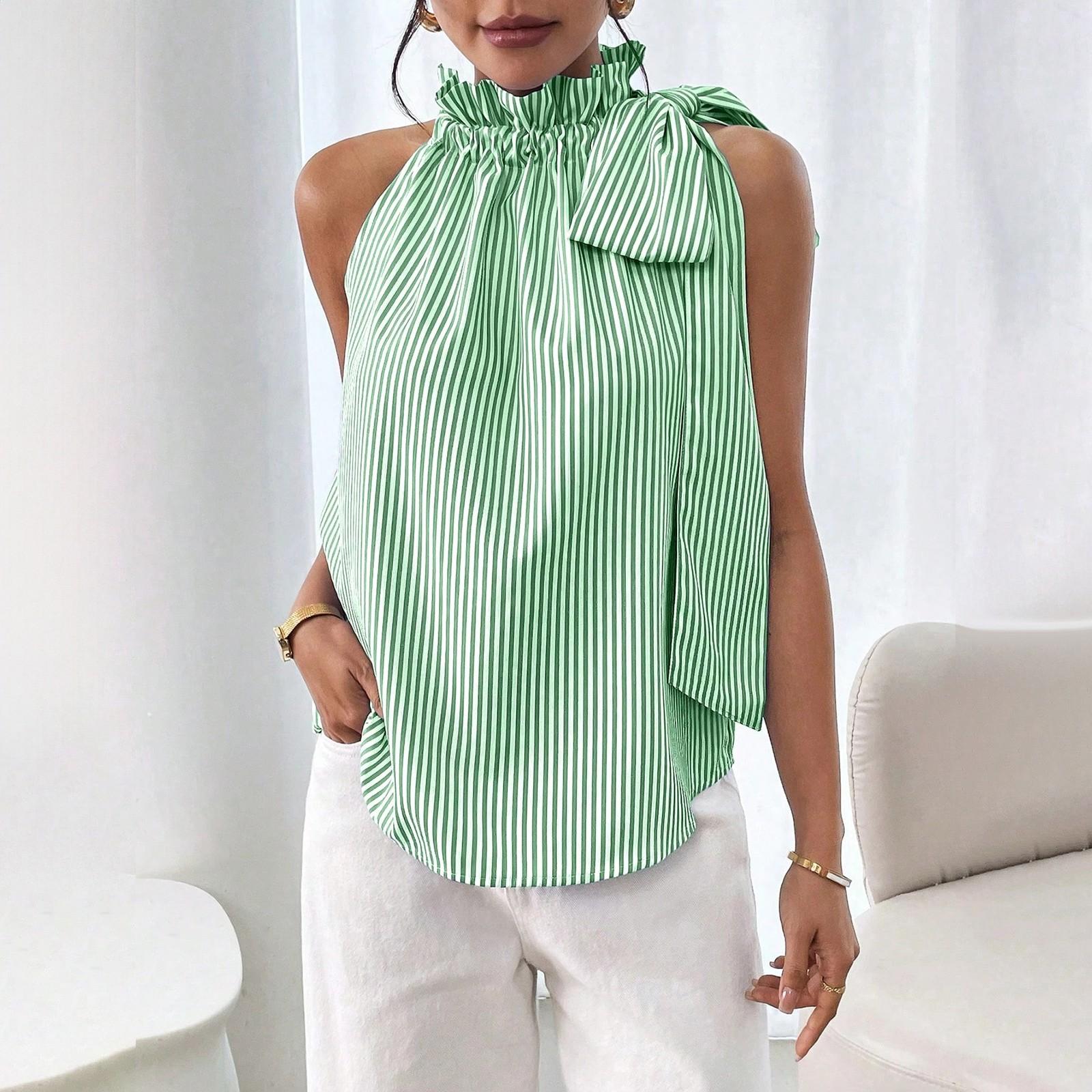 

Женская модная повседневная футболка-топ без рукавов с круглым вырезом, в полоску, с кружевной отделкой M зелёный