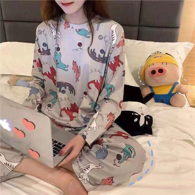 Women's Long-Sleeve Cartoon Pajama Set - Cute Korean Style Homewear for Autumn, Winter, Spring - Plus Size Available