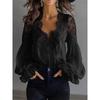 1116 European and American Hot-selling New V-neck Fashion Lace Splicing Bubble Sleeve Pleated Shirt Women