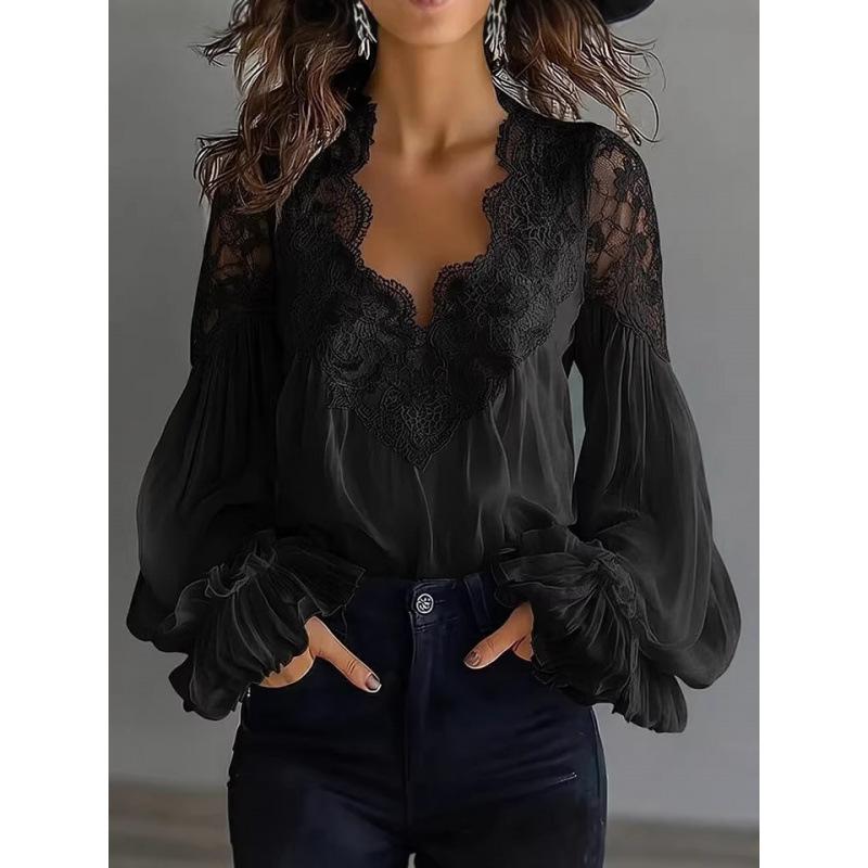 1116 European and American Hot-selling New V-neck Fashion Lace Splicing Bubble Sleeve Pleated Shirt Women