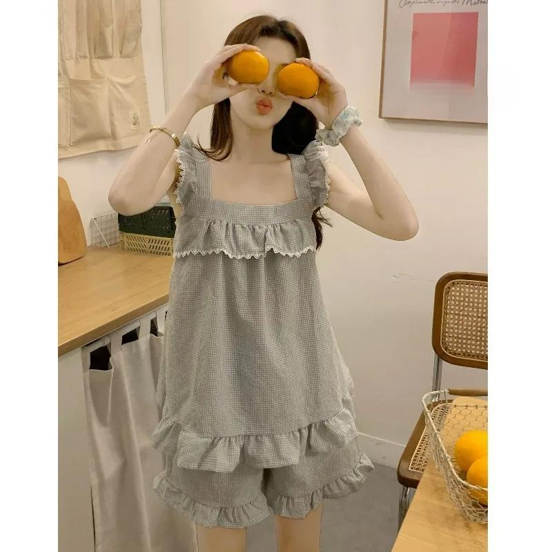 

Сексуальная пижама без рукавов, кружевная клетчатая пижама Pure Desire Wind, шорты для женщин, домашняя одежда, комплект из двух частей, серая пижама, домашняя одежда M серый