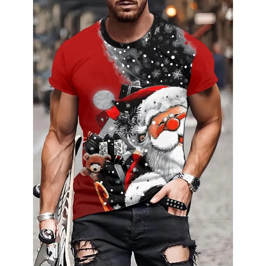 Funny Men's T-Shirts Santa Claus Christmas Oversized Short Sleeve with Snowflakes Print Red Casual O-Neck Outfit Men Clothing