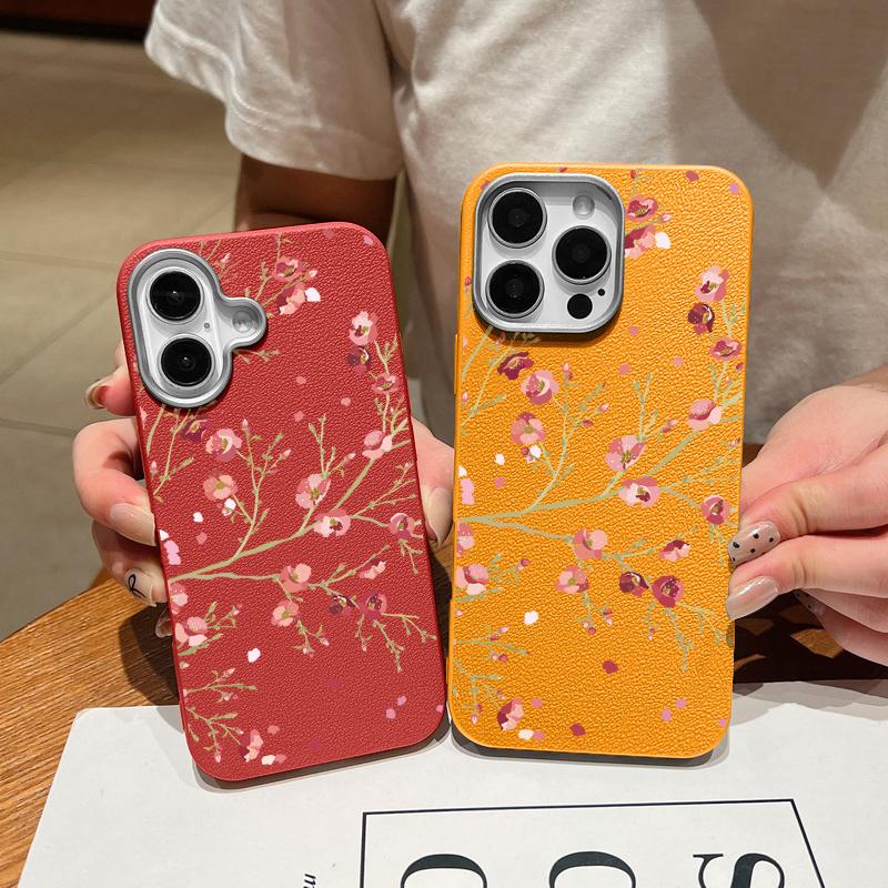 Shockproof Soft Tpu Peach Blossom Pattern Phone Case for iPhone 16 Pro 15 14 Plus 13 12 Pro Max 11 Leather Texture Plain Color Slim Cover