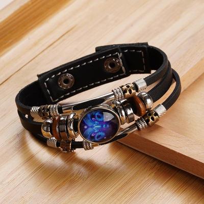 Zodiac Leuchtendes Lederarmband-Set: 12 Sternbilder, Perlen, Geflochten, Schnallenverschluss