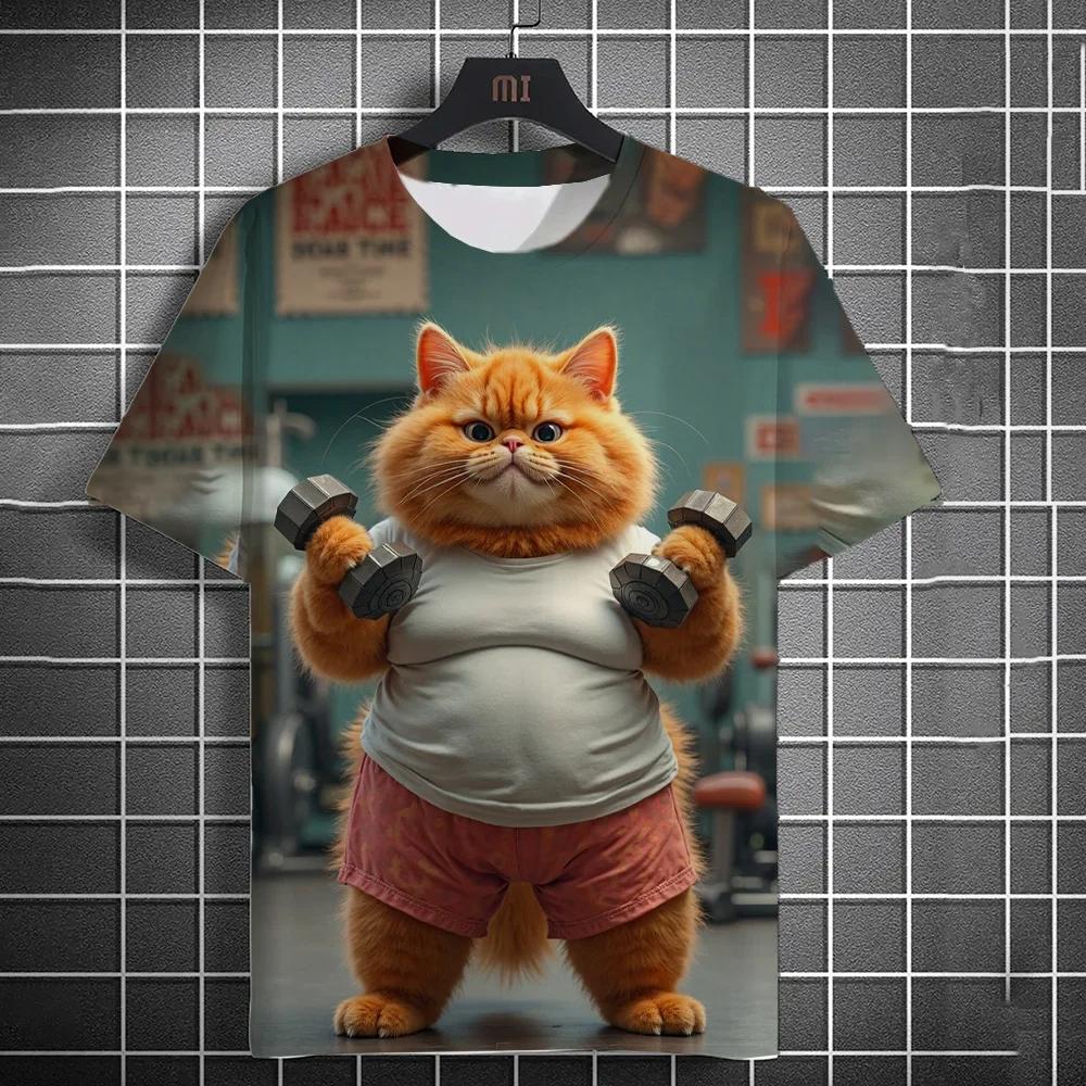 3D Fitness Cat Print Short Sleeve T-Shirts Oversized Clothing Summer Street Casual Top Fun Animal Men's T-shirts