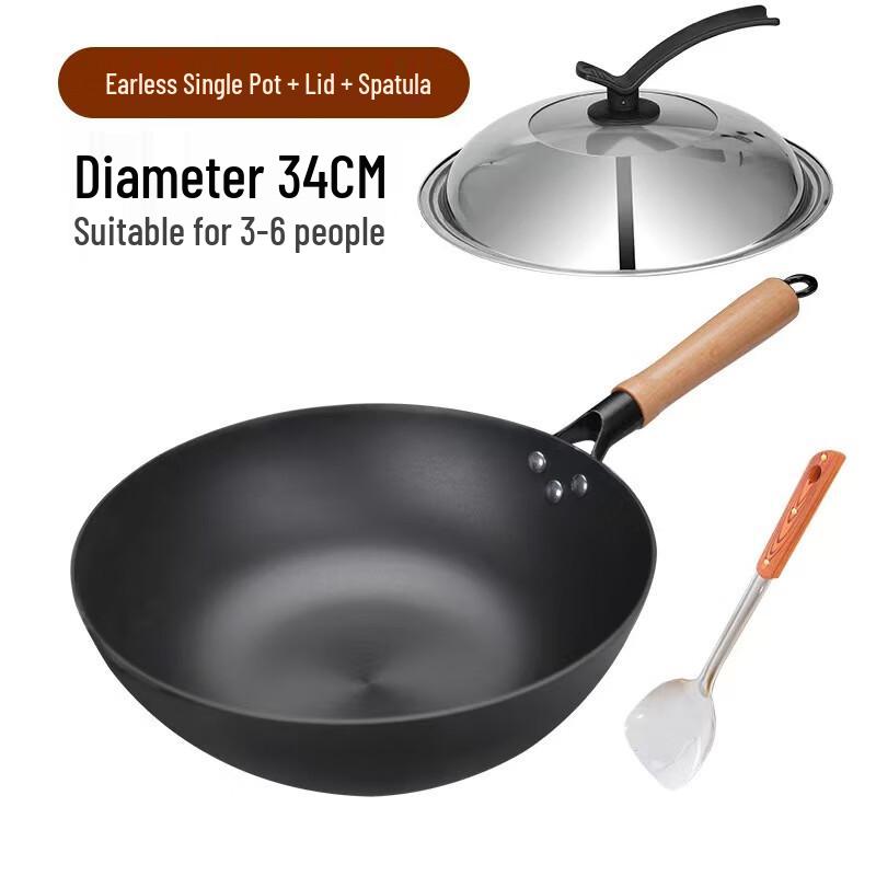 Traditional 32cm Cast Iron Wok with Steel Lid & Spatula
