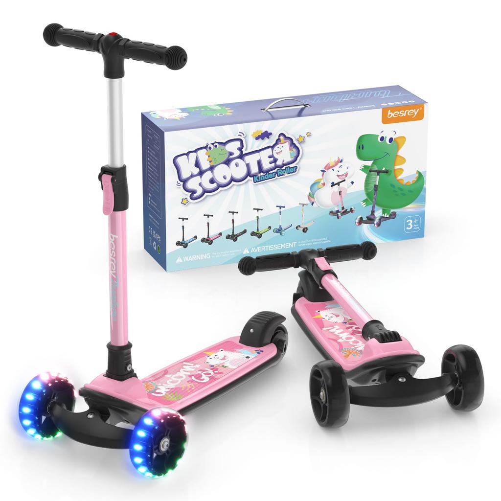 besrey Kick Kickboard for Kids 3 Wheel 3 Level Direction Rear Wheel Height Illuminated LED Easy to Birthday Gift Scooter, Kids, Scooter, Tricycle,