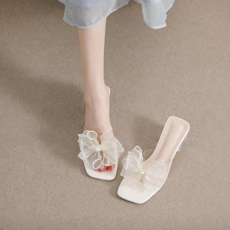 Fashion 2025 Women Clear PVC Heel Slippers Lace Bow Shoes Ladies Slip On Sliders Med-High Heeled Sandals Femme Wedges Open Toe Flipflops