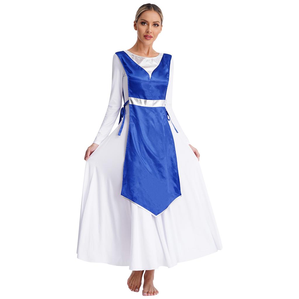 Women Church Worship Robe Choir Performance Tunic Metallic Patchwork Lace Up Sides Split Satin Dress