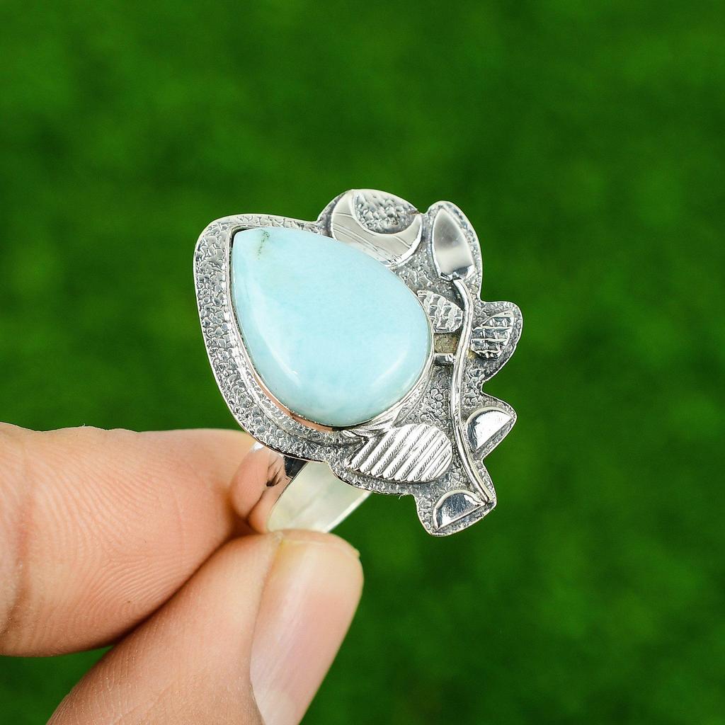 Sterling Silver Natural Larimar Cescent Moon Stackable Statement Ring Jewelry
